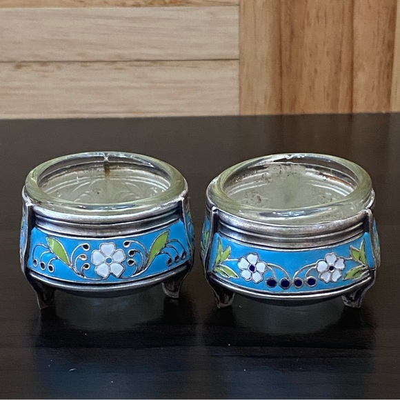 Vintage 70’s 2 1ЮMMET Russian Silver Enamel Footed Salt Cellars Caviar Pot Bowl